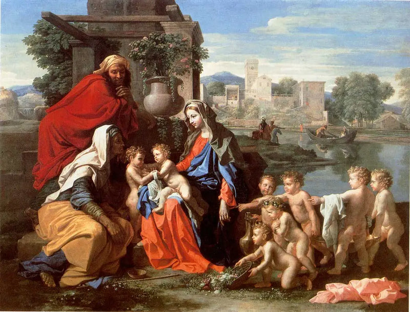 De heilige familie met heilige Elisabeth, de kleine heilige Johannes en putti - Nicolas Poussin