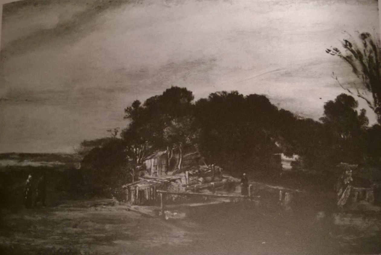 Reproduction du tableau « Paysage avec chalets - Rembrandt » par Alpha Reproduction en peinture à l’huile