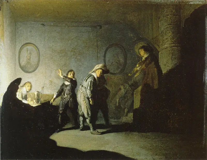 Interieur met personages (De warme hand) - Rembrandt