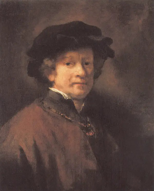 Zelfportret met zwarte baret en gouden ketting - Rembrandt