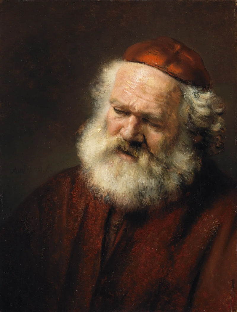 Buste van een oude bebaarde man met een rode muts - Rembrandt