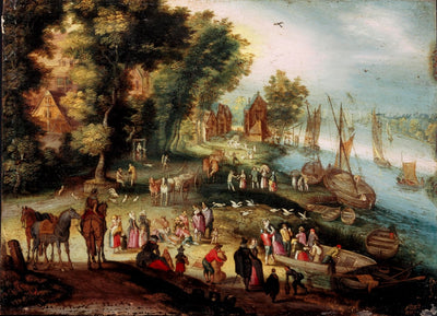 Vue sur la rivière et marché aux poissons - Jan Brueghel l'Ancien