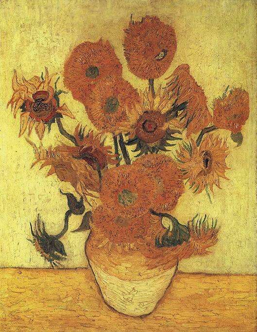 🌻 Zonnebloemen (groengele achtergrond) – Vincent van Gogh (1889, replica van de vierde versie)