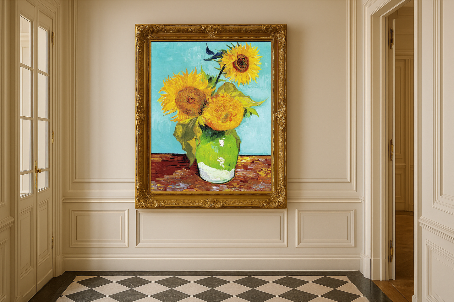 🌻 Zonnebloemen (turquoise achtergrond) – Vincent van Gogh (1888)