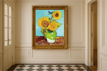 🌻 Zonnebloemen (turquoise achtergrond) – Vincent van Gogh (1888)