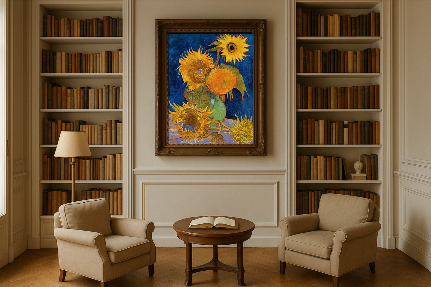 🌻 Zonnebloemen (koningsblauwe achtergrond) – Vincent van Gogh (1888)