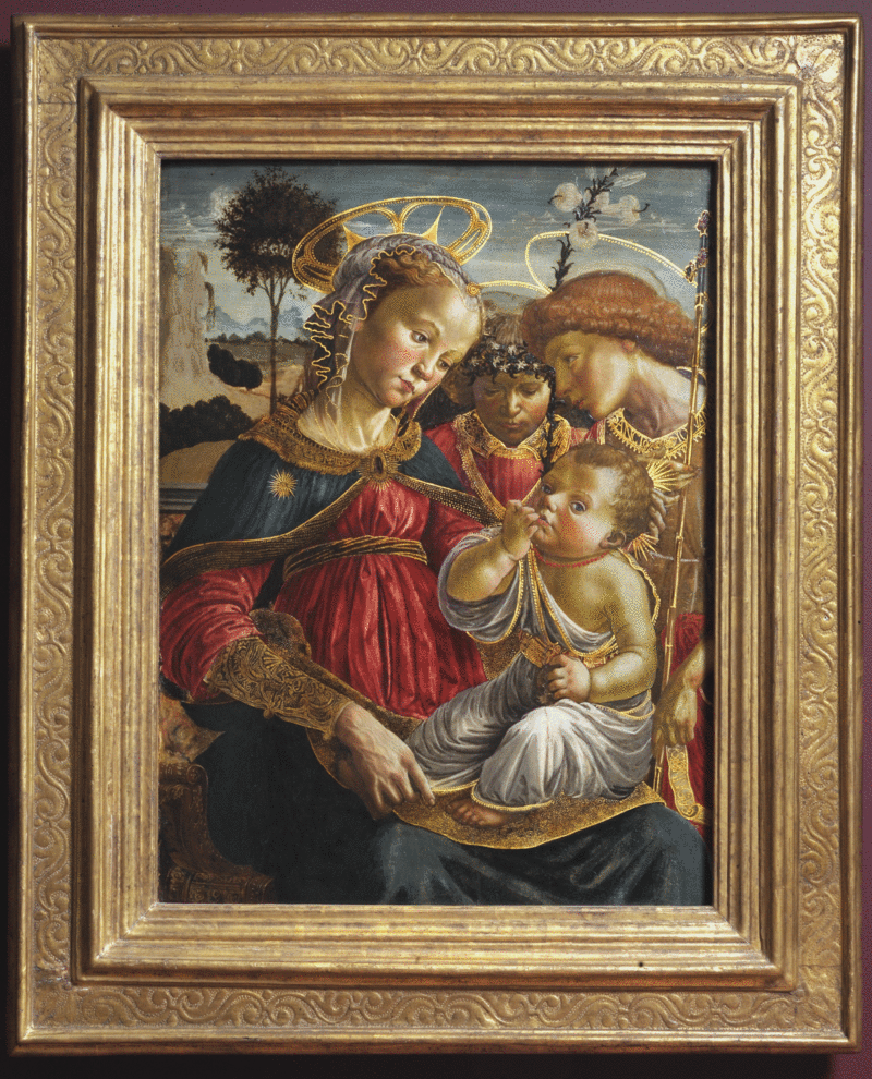 De Maagd, de heilige Johannes de Doper en een engel die het Kind Jezus aanbidt - Sandro Botticelli