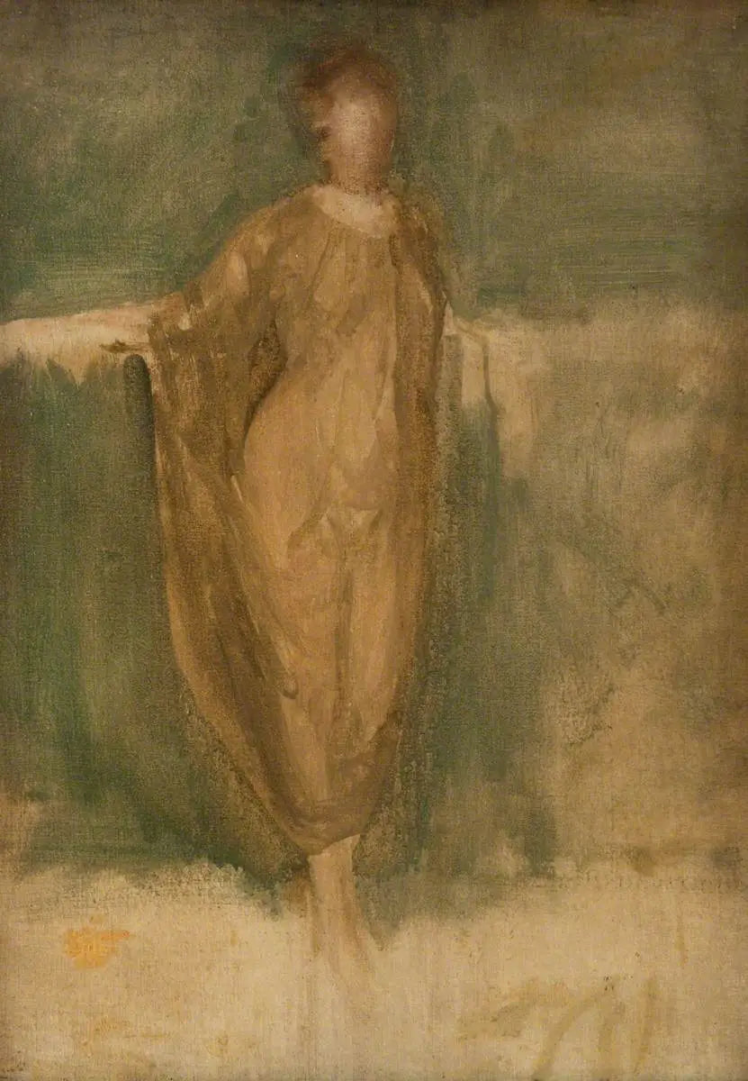 Reproduction du tableau « Harmonie en vert et ambre : une étude drapée - James Abbott McNeill Whistler » par Alpha Reproduction en peinture à l’huile