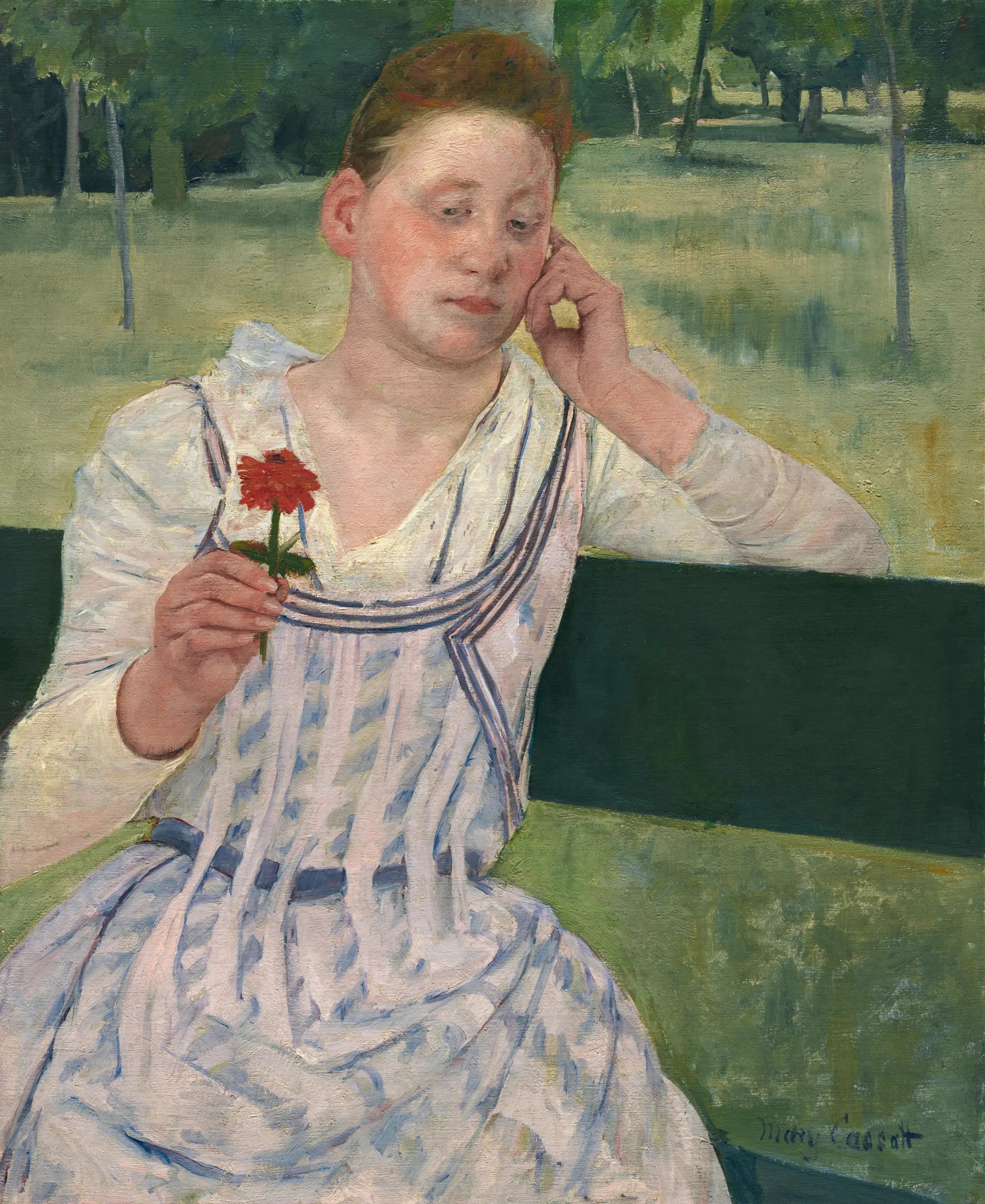Reproduction du tableau « Femme avec un zinnia rouge - Mary Cassatt » par Alpha Reproduction en peinture à l’huile