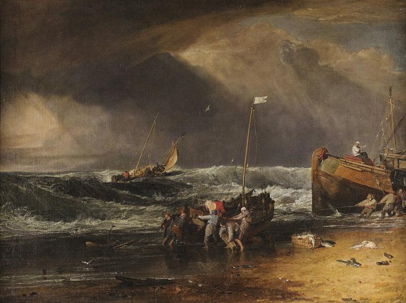 Een Kustscène met Vissers die een Boot aan Land Trekken - J. M. W. Turner