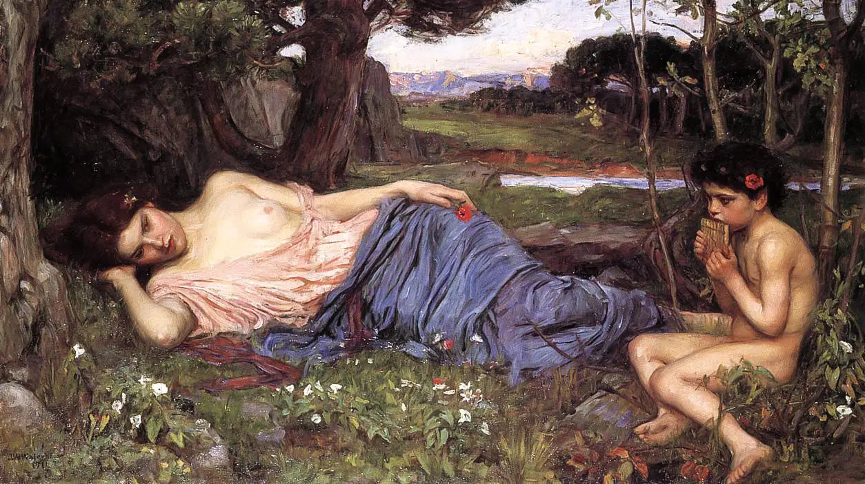 Reproduction du tableau « À l'écoute de mes douces tuyauteries - John William Waterhouse » par Alpha Reproduction en peinture à l’huile