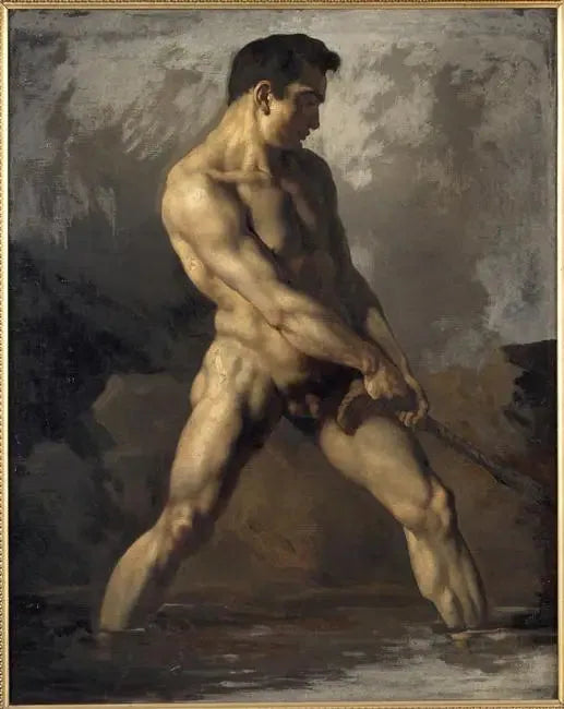 Academie van staande man, trekkend aan een touw - Théodore Géricault