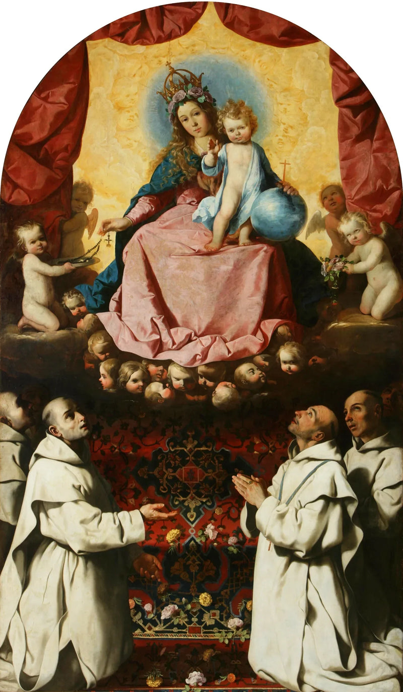 Aanbidding van de Maagd door de rozenkrans door Carthuisers. - Francisco de Zurbarán