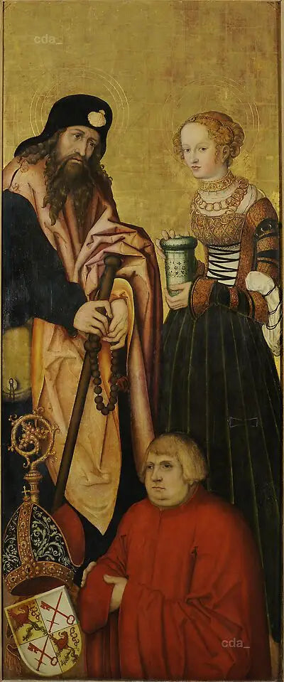 Vleugels van het retabel van het westelijke koor van de kathedraal van Naumburg [binnenkant]: de apostel Jakobus de Oudere en heilige Maria Magdalena met bisschop Jean III van Schönberg (1492-1517) als schenker [intérieur] - Lucas Cranach de Oude