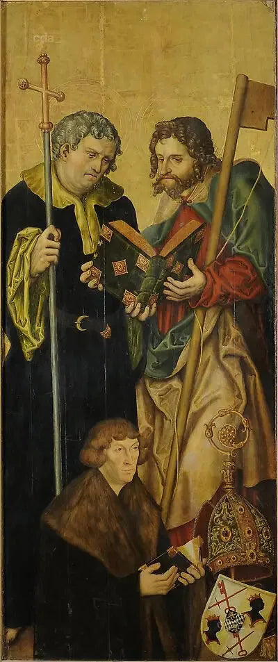 Vleugel van het altaarretabel van de westelijke koor van de kathedraal van Naumburg [linker vleugel]: de apostel Filippus en Jakobus de Jongere met Filippus, graaf palts van de Rijn (1480-1541), bisschop van Freising (zie - Lucas Cranach de Oudere