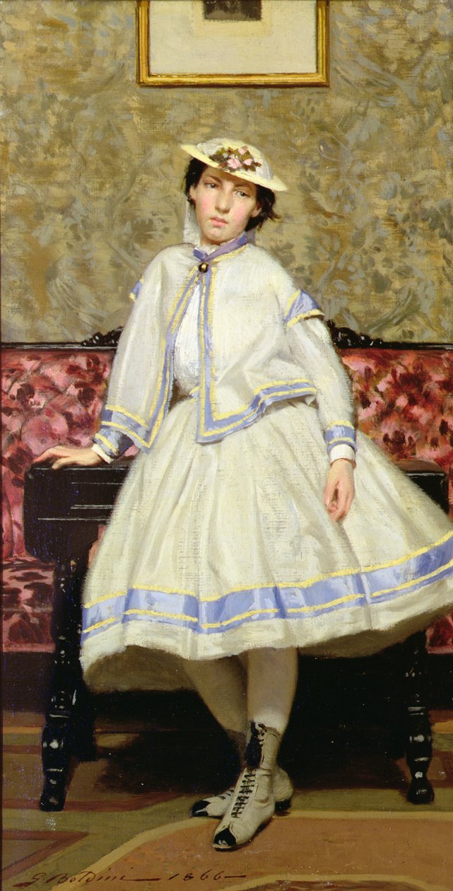 Alaide Banti in een witte jurk - Giovanni Boldini