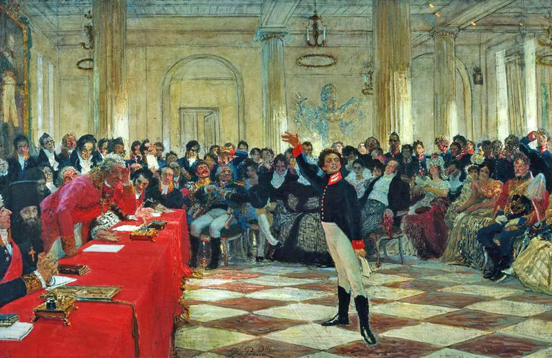 Alexandre Sergueïevitch Pouchkine reciteert zijn gedicht voor Gavrila Derjavin tijdens het examen van de tsarenkade in Tsarskoïe Selo op 8 januari 1815. - Ilya Repin