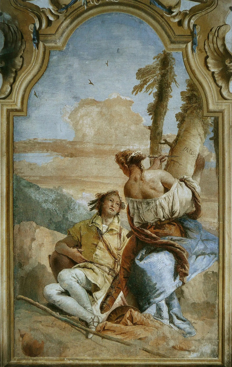 Angelica die de naam Medoro op een boom schrijft - Giovanni Battista Tiepolo