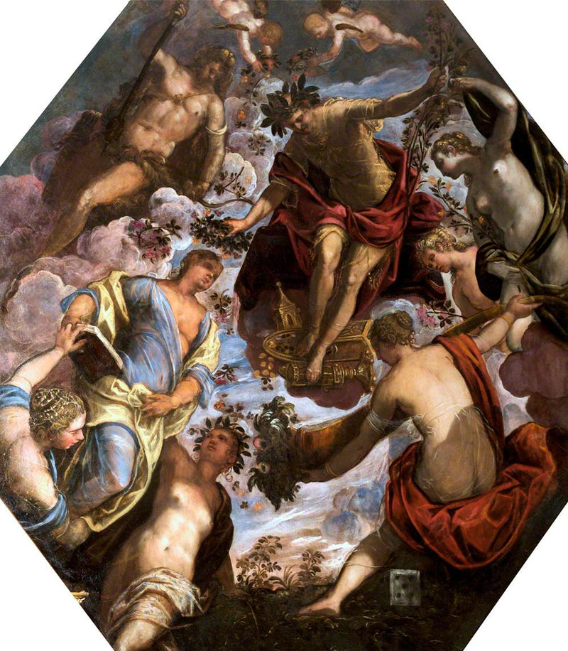 Apollon die een dichter bekroont, in aanwezigheid van Hercules en vier andere vrouwen. - Jacopo Tintoretto