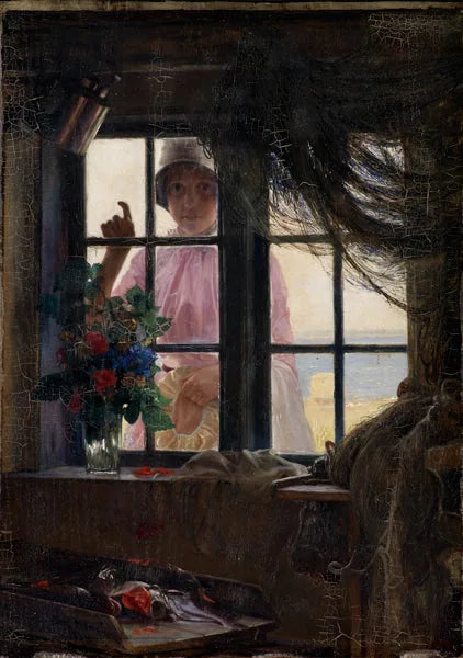 Na het bad. Een jong meisje klopt op het raam van de visser. - Carl Heinrich Bloch