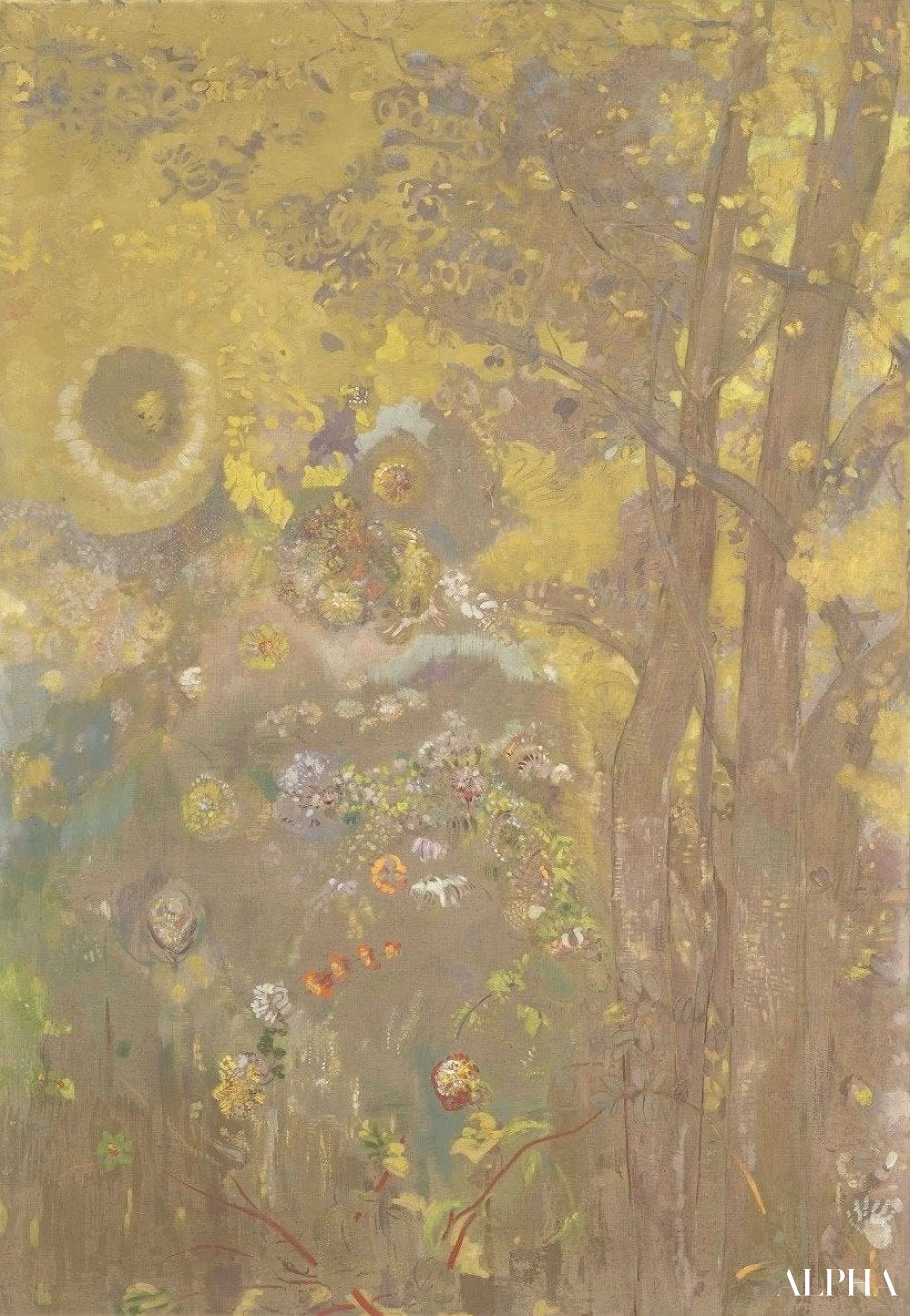 Bomen op een gele achtergrond - Odilon Redon - Reproducties van schilderijen en hoogwaardige schilderijen