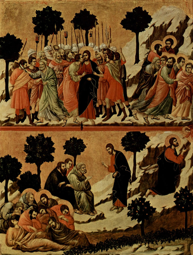 Aanklacht van Jezus (boven) ; Gethuismoorde in de tuin (onder) - Duccio di Buoninsegna