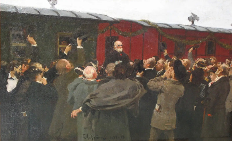 Aankomst van Nikolaï Ivanovitch Pirogov in Moskou ter gelegenheid van de 50e verjaardag van zijn wetenschappelijke activiteiten. - Ilya Repin