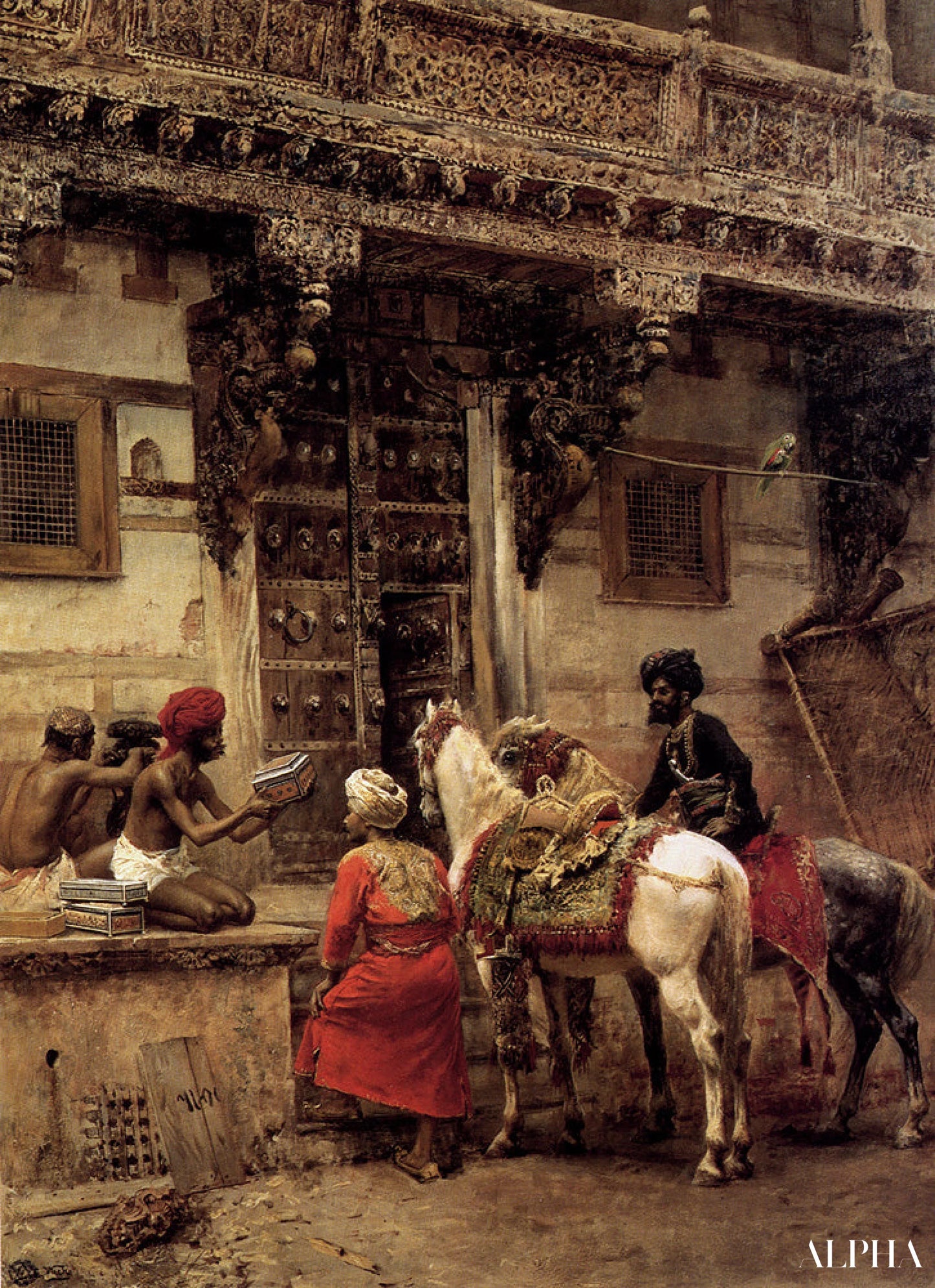 Ambachtsman die etuis verkoopt bij een teakhouten gebouw, Ahmedabad - Edwin Lord Weeks - Reproducties van schilderijen en hoogwaardige schilderijen