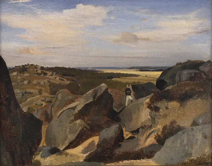 Kunstenares wandelend door een chaos van rotsen in Fontainebleau - Jean-Baptiste Camille Corot