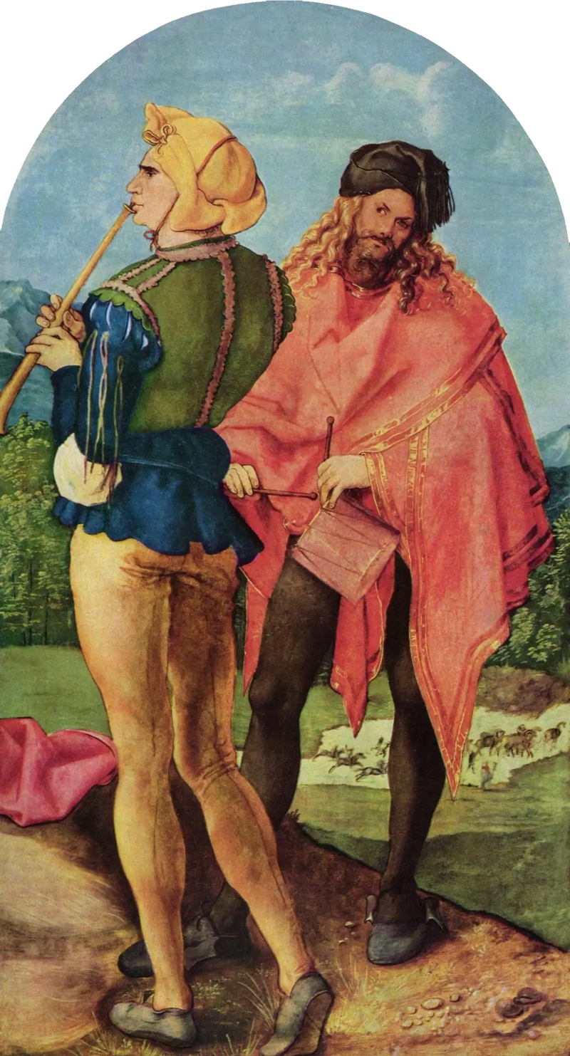 Altaar van Jabach: doedelzakspeler en drummer - Albrecht Dürer