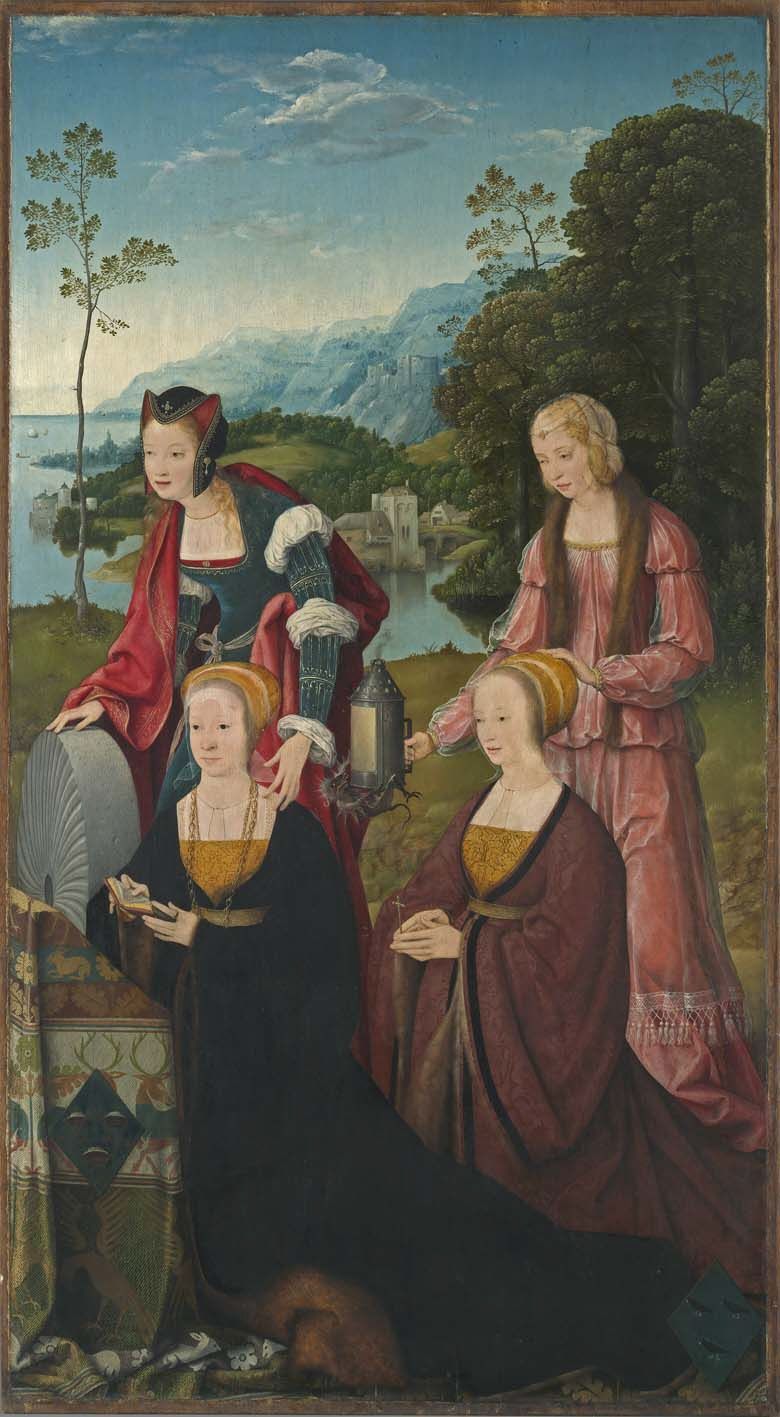 Altaar van de Dood van Maria: Heilige Christine en Gudula met de schenkers Christine en Sibilla Hackeney achter; aan de buitenkant: Heiligen Sebastianus en Rochus - Joos van Cleve