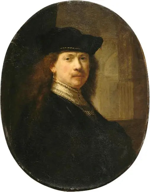 Zelfportret met toque op een architecturale achtergrond - Rembrandt