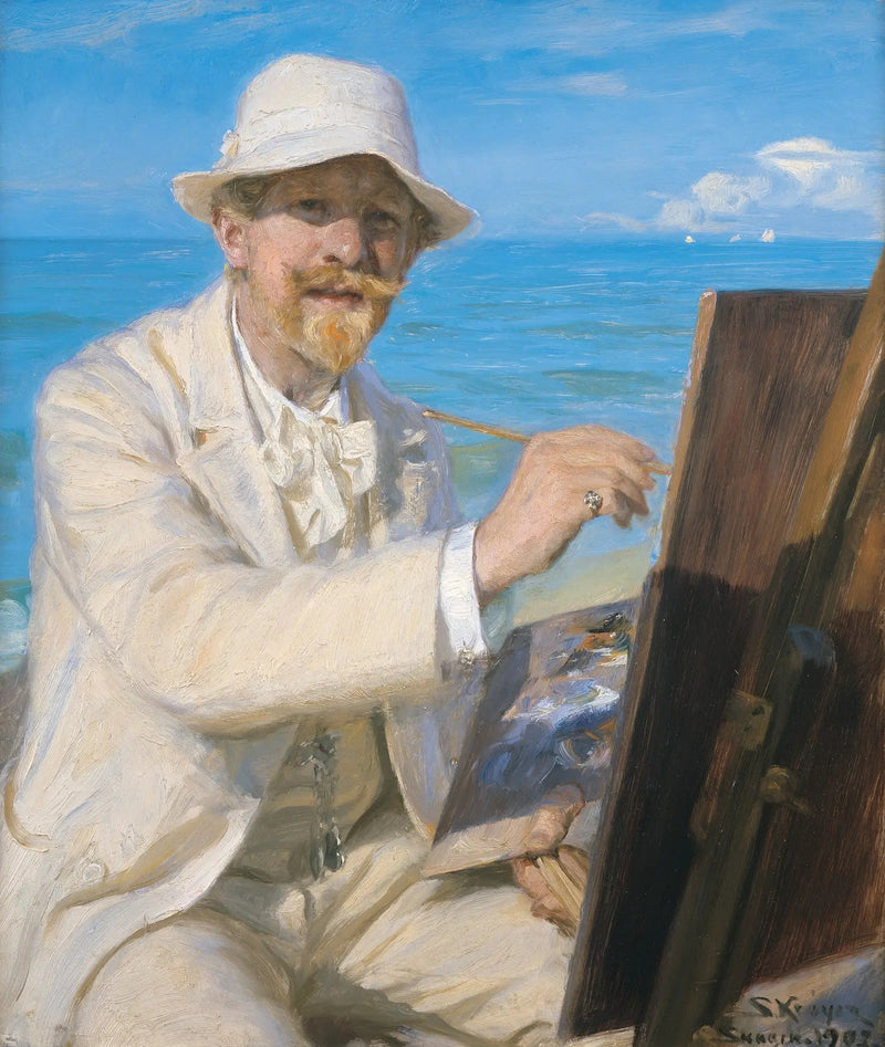 Zelfportret, zittend bij zijn ezel op het strand van Skagen - Peder Severin Krøyer