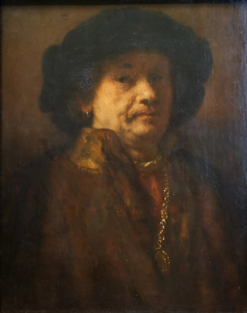 Zelfportret met zwarte baret en gouden ketting - Rembrandt