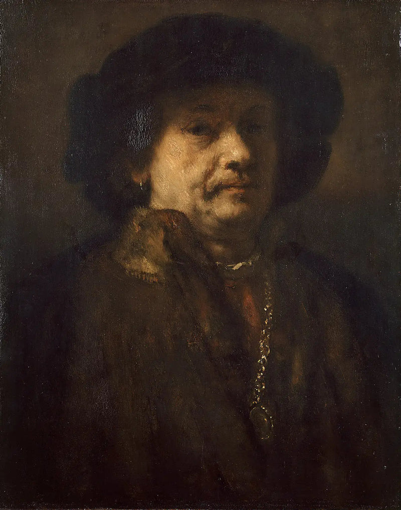 Zelfportret met zwarte baret en gouden ketting - Rembrandt