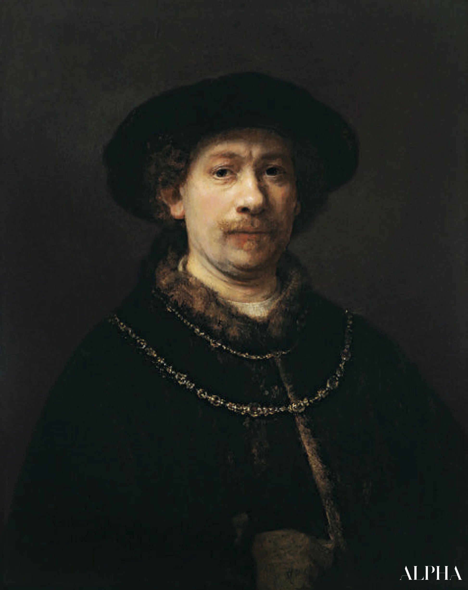 Zelfportret met baret en twee gouden kettingen - Rembrandt van Rijn - Reproducties van schilderijen en hoogwaardige schilderijen