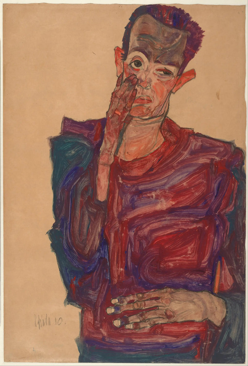 Zelfportret met de neergelaten ooglid - Egon Schiele