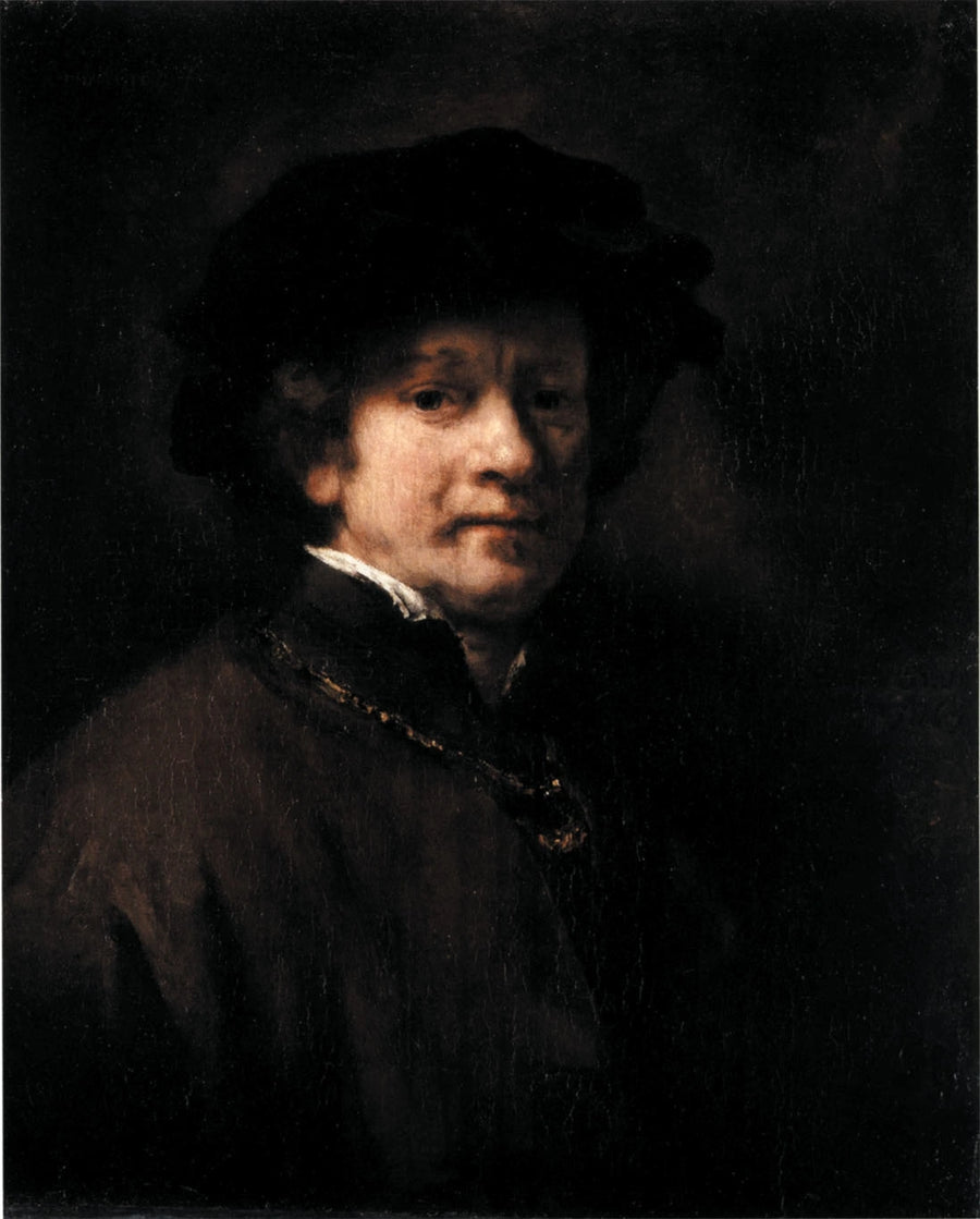Zelfportret met zwarte baret en gouden ketting - Rembrandt
