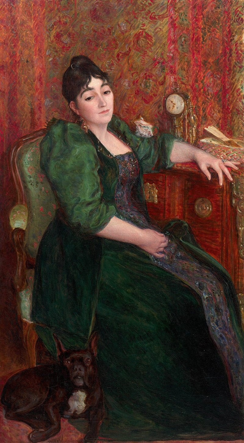 Zelfportret van de kunstenaar in een fauteuil met Bob, zijn Franse bulldog - Marie Bracquemond