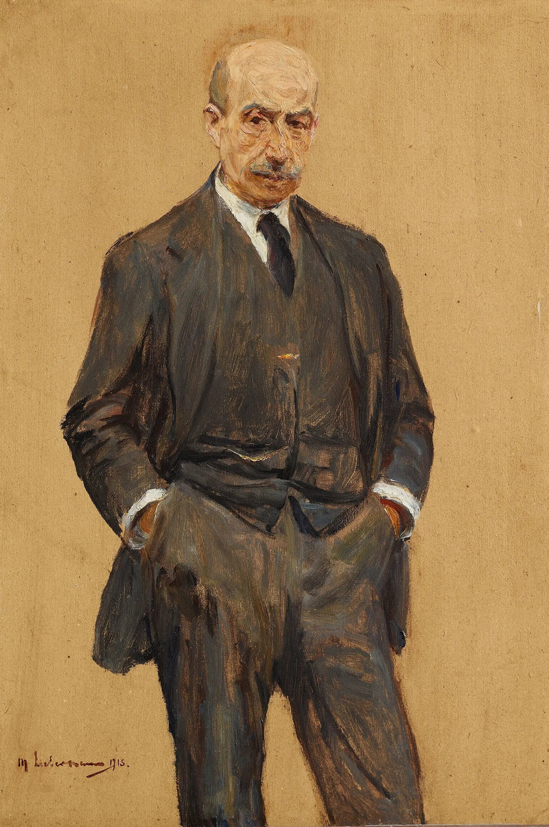 Zelfportret, staand in driekwart, beide handen in de broekzakken (Autoportrait, debout de trois quarts, les deux mains dans les poches de pantalon) - Max Liebermann