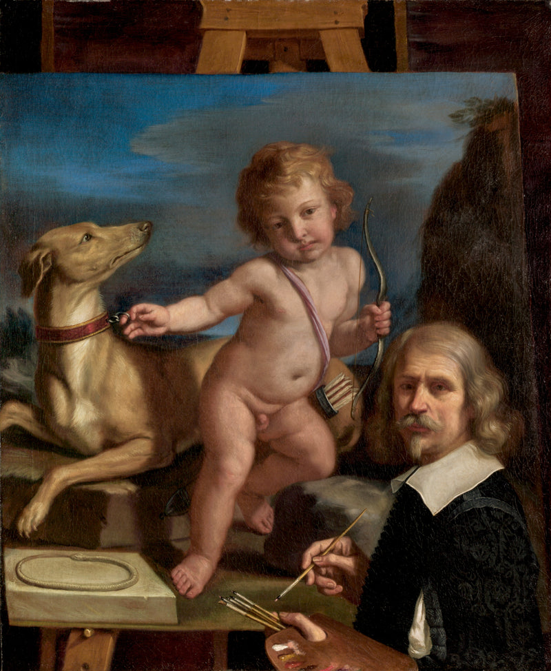 Zelfportret voor een schilderij dat « Amor Fedele » - Guercino afbeeldt