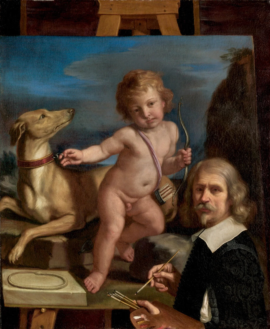 Zelfportret voor een schilderij dat « Amor Fedele » - Guercino afbeeldt