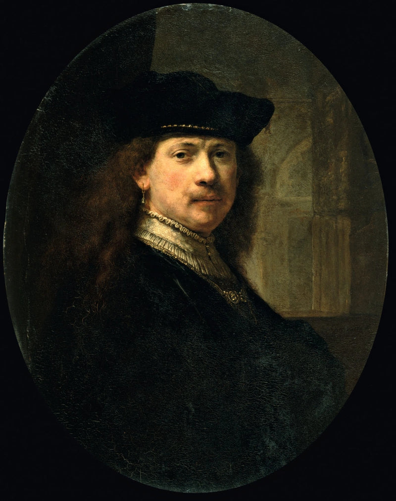 Zelfportret met toque op een architecturale achtergrond - Rembrandt