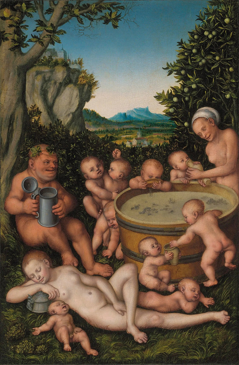 Bacchus in wijnvat - Lucas Cranach de Oudere