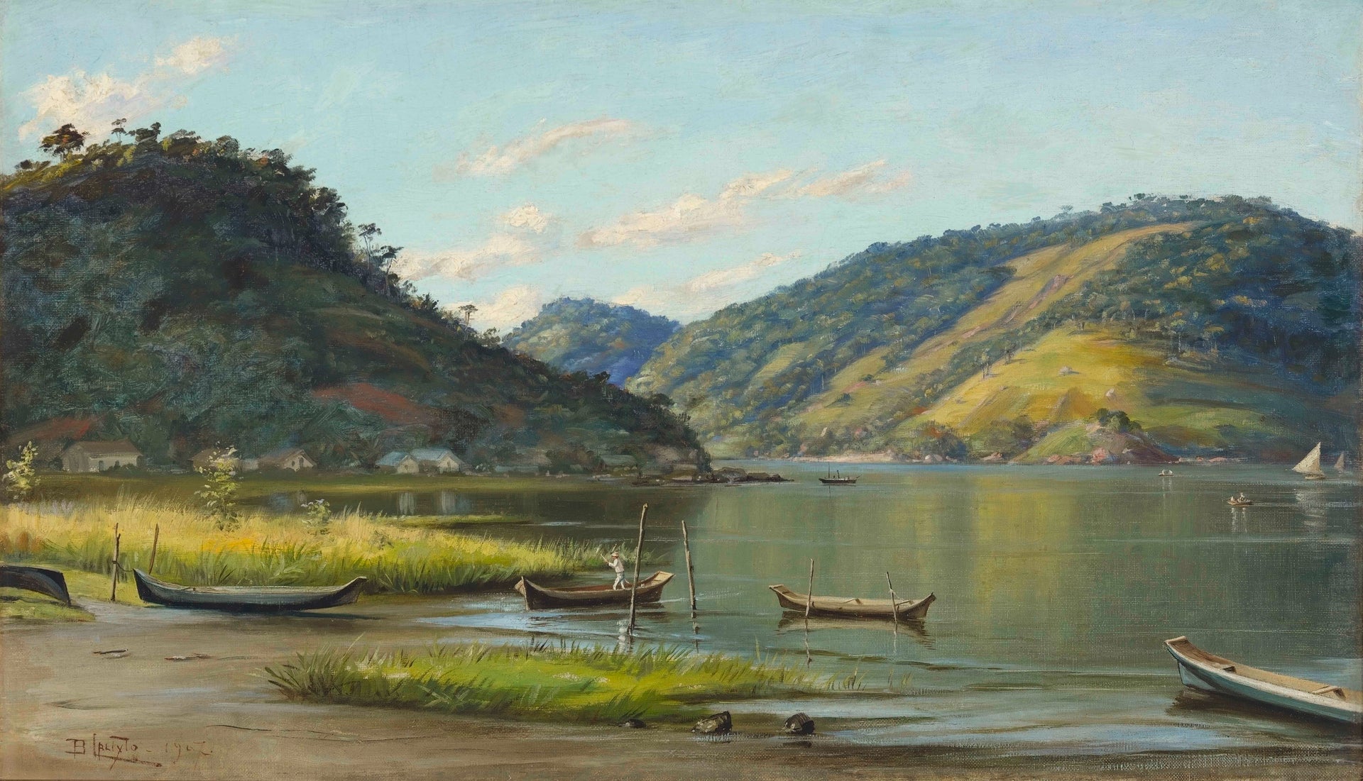 Baie avec bateaux image 1 reproduction peinte à la main