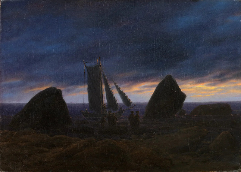 Vissersboot tussen twee rotsen op het strand van de Oostzee - Caspar David Friedrich