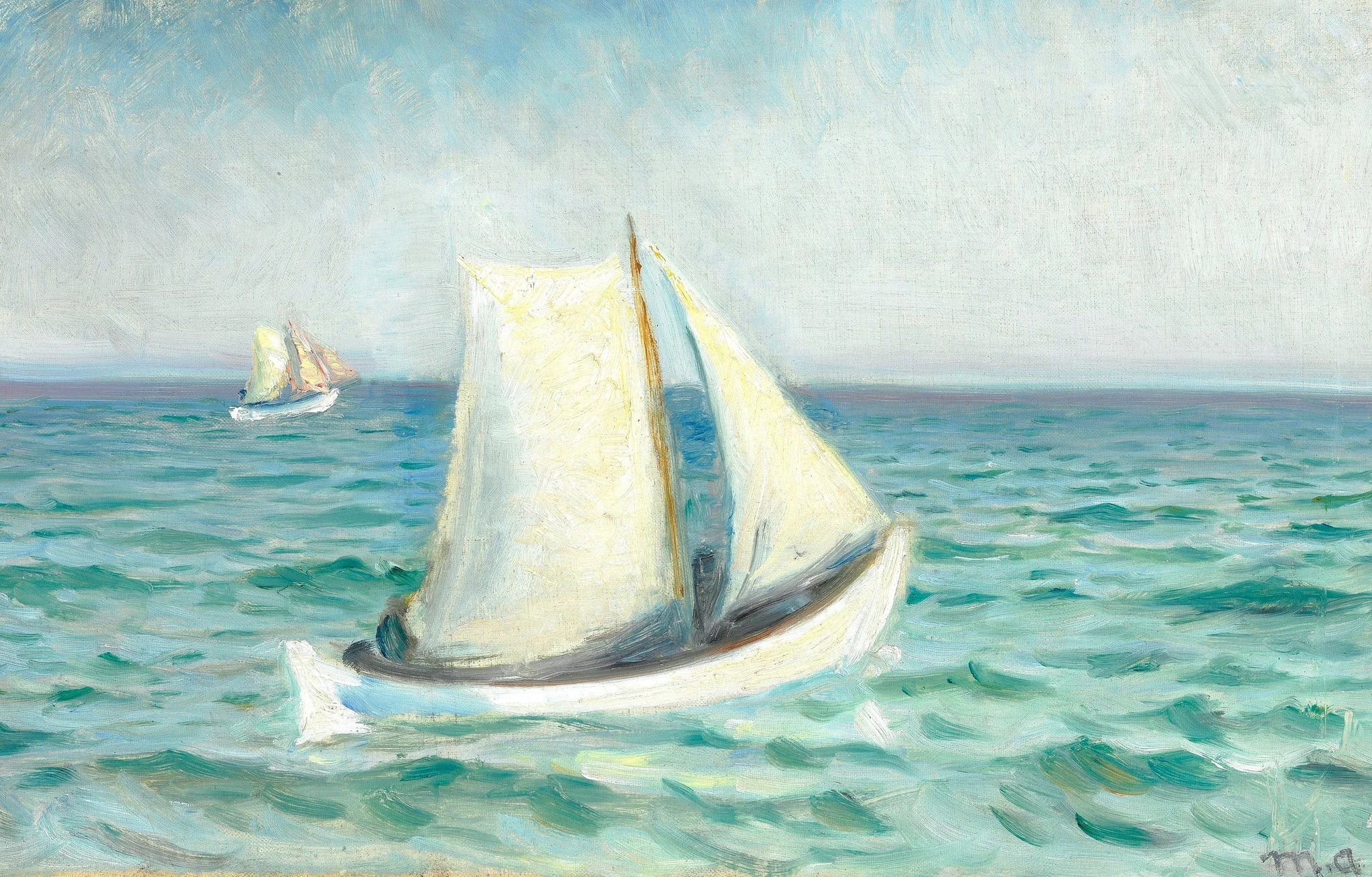 Bateaux blancs en mer sous le soleil. Skagen. - Michael Peter Ancher image 1 reproduction artisanale de tableau