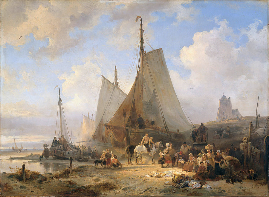 Bateaux de pêche sur la plage avec des pêcheurs et des femmes triant les prises - Wijnand Nuijen
