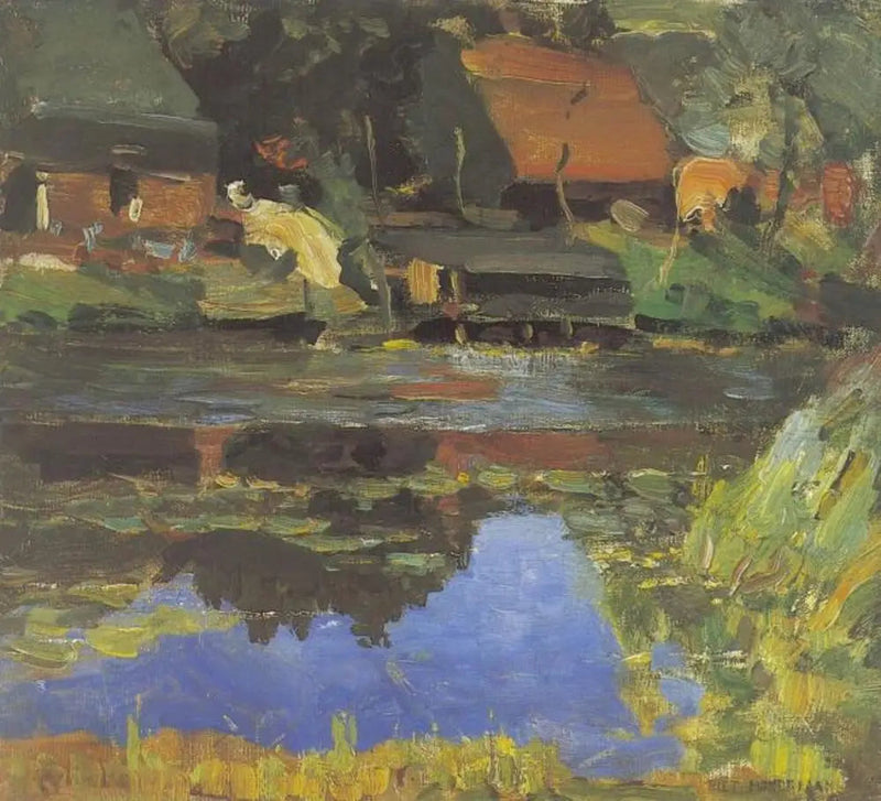 Gebouwen aan de waterkant met een wasplaats - Piet Mondrian