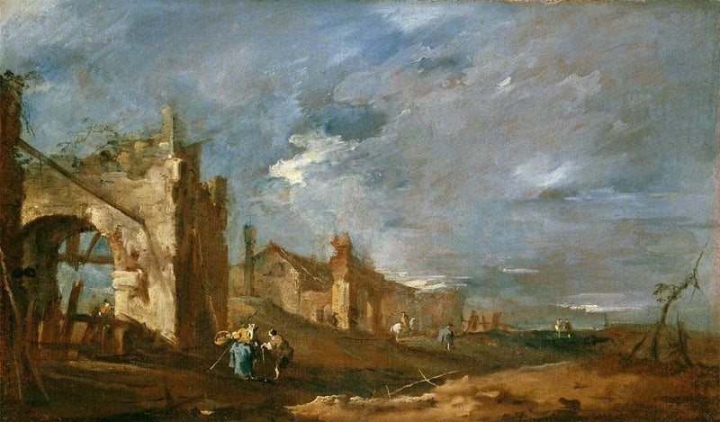 Vernielde gebouwen en personages aan de rand van de lagune - Francesco Guardi